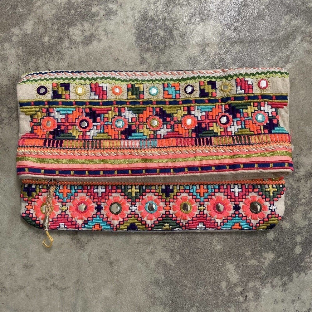 Star Mela Jui Large‎ Neon Embroidered Studded Fold over Clutch Multicolor